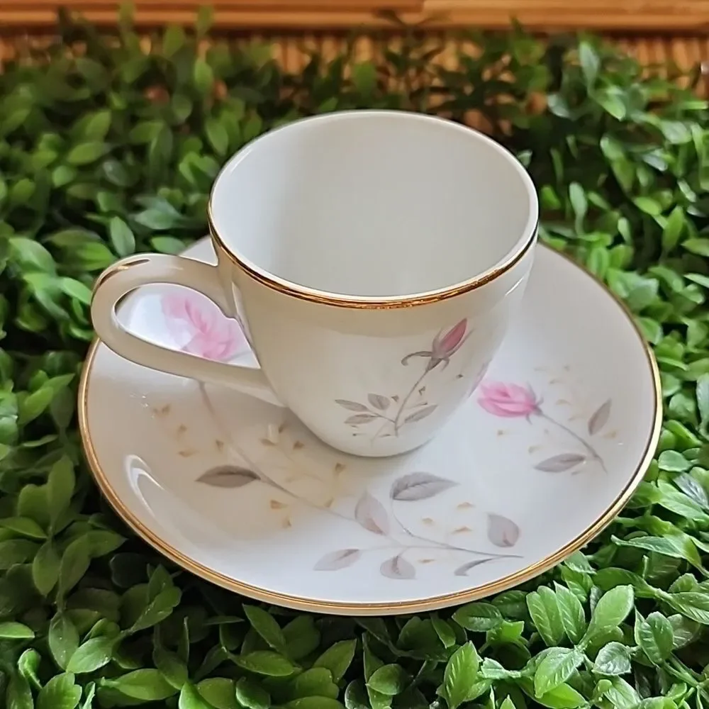 Vtg Feminine Floral Abalone China Flamingo Rose Demitasse Teacup & Saucer